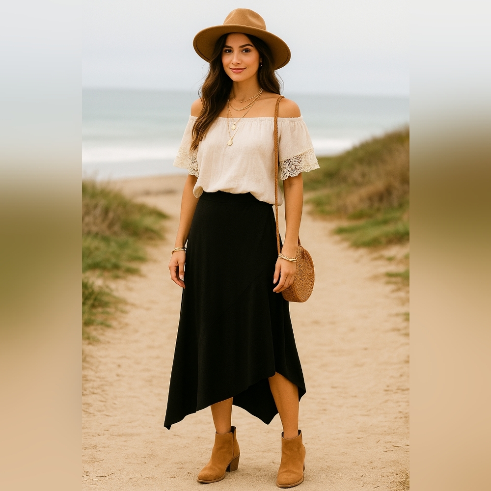 ⭐A) J.T.B. Black Asymmetrical Midi Skirt | Women’s Size LargeEffortless E…